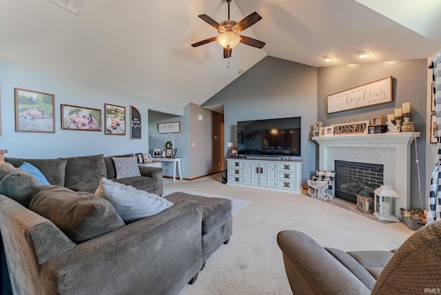 12 Chrysler Ave, Wabash, IN 46992 - living area featuring a ceiling fan, carpet flooring, lofted ceiling, and a fireplace