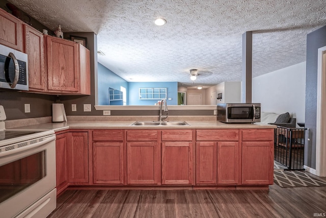 274 Chapelhill Dr, Lafayette, IN 47905 - kitchen with white range with electric stovetop, stainless steel microwave, dark wood-style flooring, and a textured ceiling