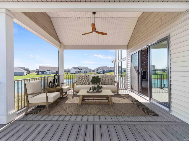13092 Hallux Cv, Fort Wayne, IN 46845 - deck with a residential view, a ceiling fan, outdoor lounge area, and a water view