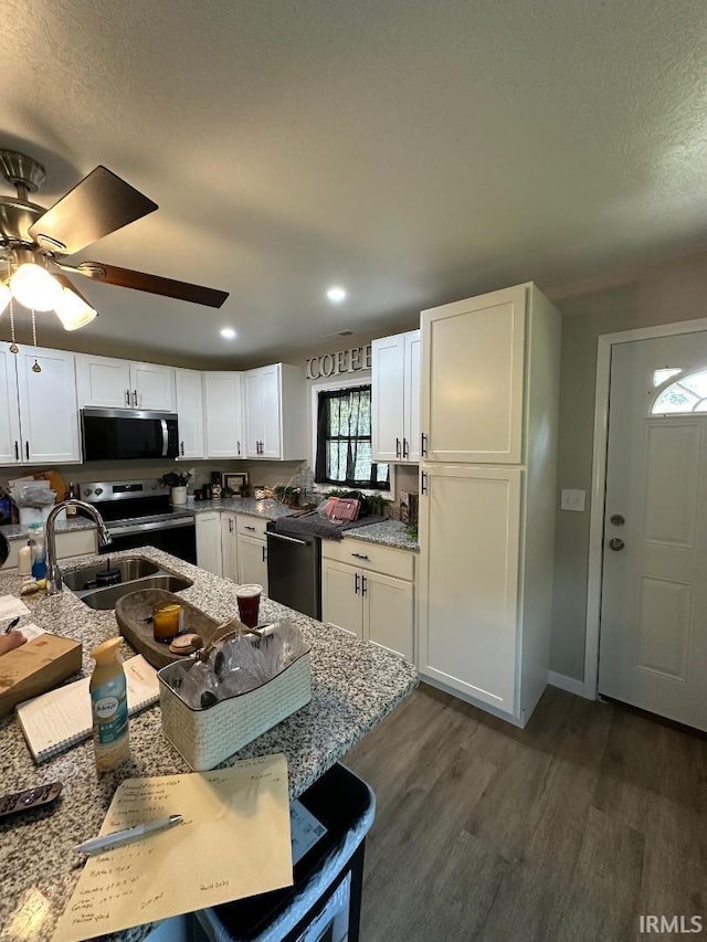 148 SW 8th St, Linton, IN 47441 - kitchen featuring stainless steel appliances, dark wood-style flooring, white cabinets, a ceiling fan, and recessed lighting