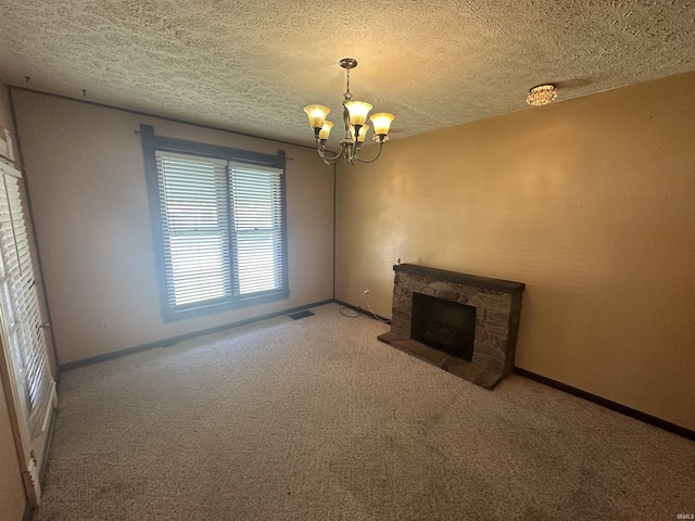 448 N 7th St, Mitchell, IN 47446 - unfurnished living room featuring carpet flooring, a chandelier, a stone fireplace, and a textured ceiling