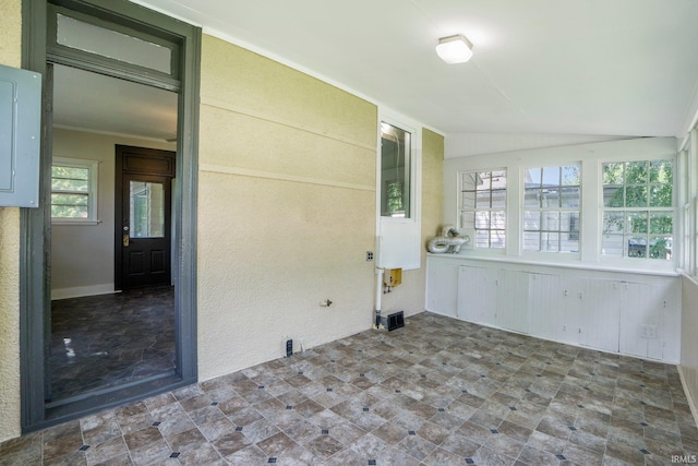 1331 Summit St, New Haven, IN 46774 - unfurnished sunroom with vaulted ceiling and electric panel