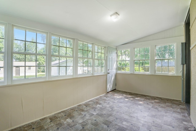1331 Summit St, New Haven, IN 46774 - unfurnished sunroom with lofted ceiling and wood walls