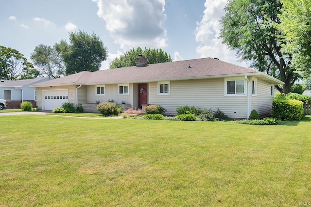 1401 S M St, Elwood, IN 46036 - ranch-style house with a garage, a chimney, a front lawn, and driveway