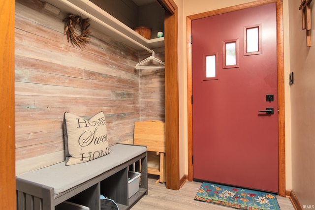 1401 S M St, Elwood, IN 46036 - mudroom with wooden walls and light wood finished floors