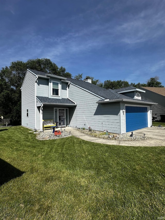 619 Briarfield Dr, Fort Wayne, IN 46825 - view of front of home featuring a front yard, an attached garage, concrete driveway, a chimney, and a shingled roof