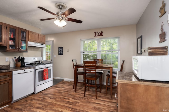 171 Vicksburg Ln, West Lafayette, IN 47906 - kitchen with white appliances, under cabinet range hood, dark wood finished floors, ceiling fan, and glass insert cabinets