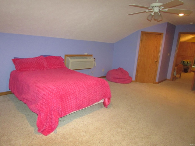 4109 E Woodland Ct, Leesburg, IN 46538 - carpeted bedroom with lofted ceiling, a ceiling fan, and a wall unit AC
