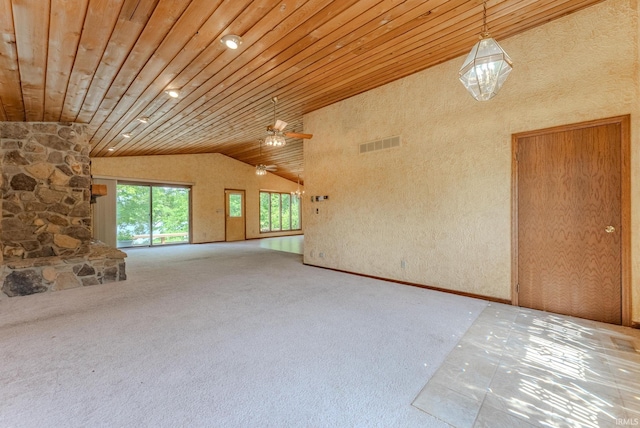 425 E Val Ln, Marion, IN 46952 - unfurnished living room with wooden ceiling, carpet floors, a ceiling fan, and high vaulted ceiling