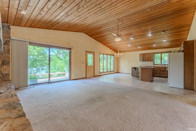 425 E Val Ln, Marion, IN 46952 - unfurnished living room featuring wood ceiling, vaulted ceiling, a chandelier, light carpet, and a ceiling fan