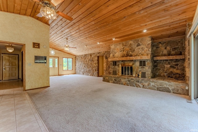 425 E Val Ln, Marion, IN 46952 - unfurnished living room with wood ceiling, a ceiling fan, a fireplace, tile patterned flooring, and high vaulted ceiling