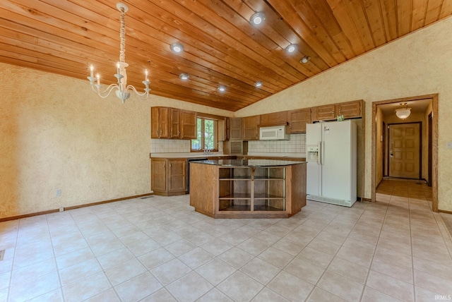 425 E Val Ln, Marion, IN 46952 - kitchen featuring white appliances, vaulted ceiling, brown cabinets, wood ceiling, and a chandelier