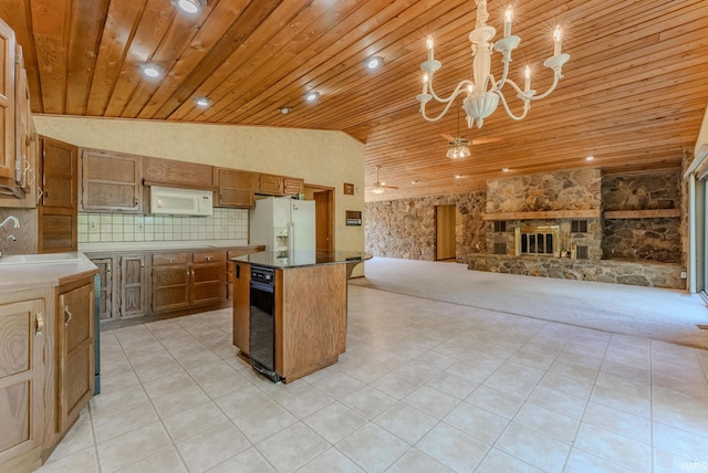 425 E Val Ln, Marion, IN 46952 - kitchen featuring wooden ceiling, white appliances, open floor plan, vaulted ceiling, and a kitchen island