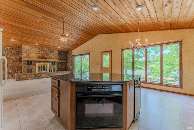 425 E Val Ln, Marion, IN 46952 - kitchen with wooden ceiling, vaulted ceiling, a chandelier, a kitchen island, and ceiling fan