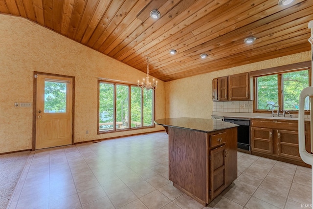 425 E Val Ln, Marion, IN 46952 - kitchen with dishwasher, vaulted ceiling, a chandelier, wood ceiling, and a center island