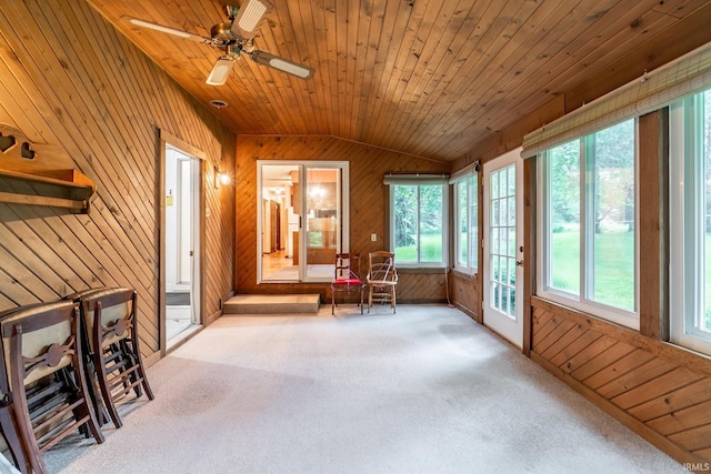 9246 Fritz Rd, Fort Wayne, IN 46818 - sunroom with vaulted ceiling, wooden walls, carpet, and wooden ceiling