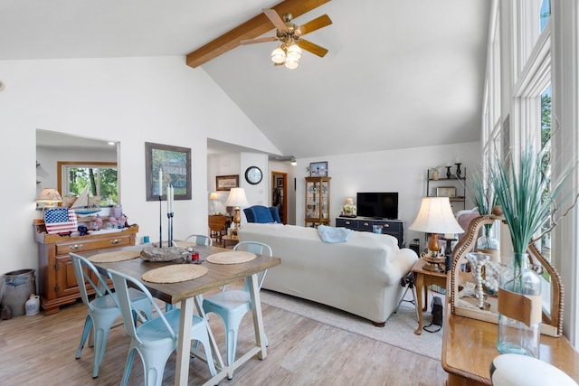3139 E Colony Ave, Columbia City, IN 46725 - living room with light wood-style flooring, beam ceiling, ceiling fan, and high vaulted ceiling