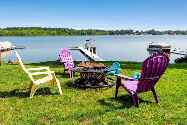 3139 E Colony Ave, Columbia City, IN 46725 - dock with a fire pit, a water view, and a yard
