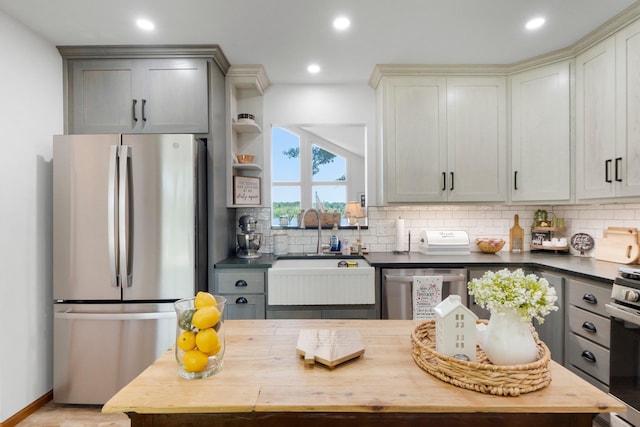 3139 E Colony Ave, Columbia City, IN 46725 - kitchen with stainless steel appliances, backsplash, recessed lighting, gray cabinetry, and open shelves