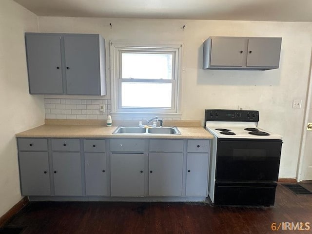 519 E Water St, Mount Vernon, IN 47620 - kitchen with range with electric cooktop, gray cabinets, light countertops, and dark wood finished floors