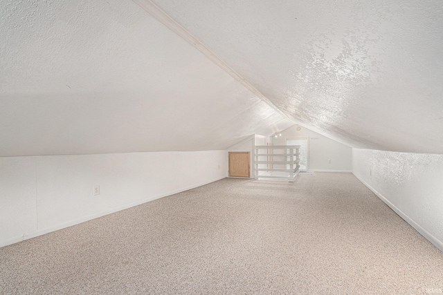 240 Bank St, Elkhart, IN 46516 - additional living space featuring a textured ceiling, lofted ceiling, and carpet flooring