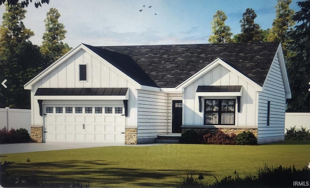 2554 Timberstone Dr E, Elkhart, IN 46516 - modern farmhouse style home featuring board and batten siding, a garage, a shingled roof, concrete driveway, and stone siding