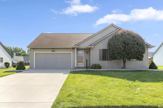 1408 Duesenberg Dr, Auburn, IN 46706 - single story home with an attached garage, driveway, a front yard, and a shingled roof