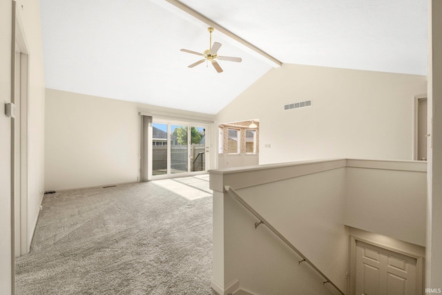 1408 Duesenberg Dr, Auburn, IN 46706 - carpeted spare room with beamed ceiling, ceiling fan, and high vaulted ceiling