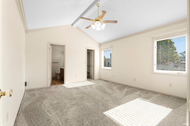 1408 Duesenberg Dr, Auburn, IN 46706 - unfurnished bedroom featuring carpet flooring, ornamental molding, ensuite bath, a walk in closet, and a ceiling fan
