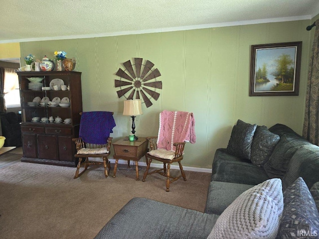 1723 W Timberview Dr, Marion, IN 46952 - carpeted living room with ornamental molding, a decorative wall, and a textured ceiling
