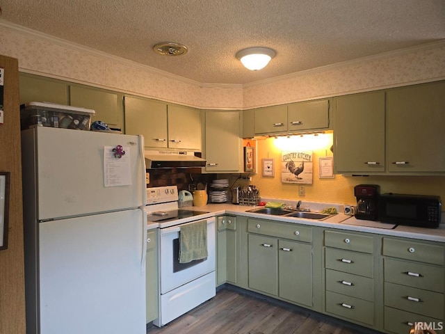 1723 W Timberview Dr, Marion, IN 46952 - kitchen with white appliances, green cabinets, a textured ceiling, ornamental molding, and light countertops