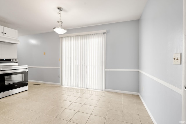 415 Grapevine Ln, Fort Wayne, IN 46825 - kitchen with electric range, light tile patterned flooring, white cabinets, and pendant lighting