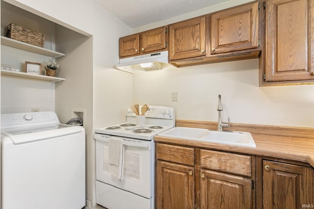 4026 Brookton Dr, South Bend, IN 46614 - kitchen featuring washer / clothes dryer, electric range, under cabinet range hood, light countertops, and brown cabinets