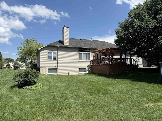 9825 Tamar Trl, Fort Wayne, IN 46825 - rear view of property with a yard, a pergola, a wooden deck, and a chimney