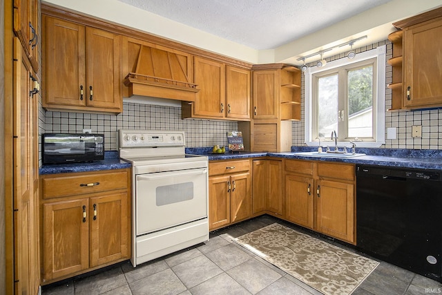 19545 Hildebrand St, South Bend, IN 46614 - kitchen with black appliances, open shelves, custom range hood, brown cabinets, and a textured ceiling