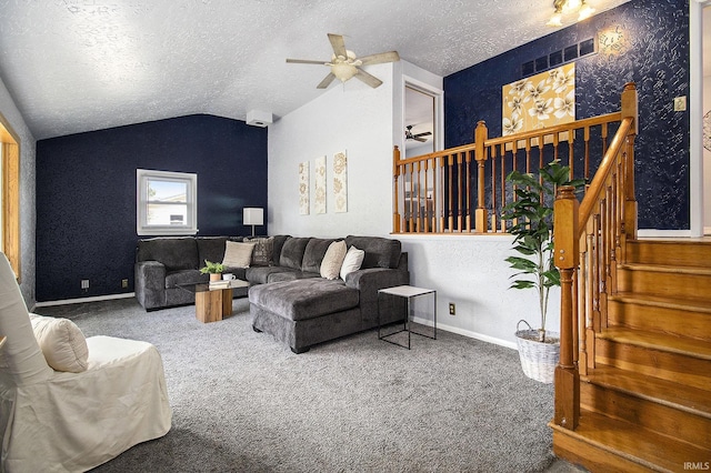 19545 Hildebrand St, South Bend, IN 46614 - living area featuring ceiling fan, a textured ceiling, carpet, and lofted ceiling