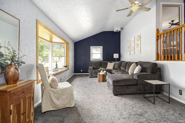 19545 Hildebrand St, South Bend, IN 46614 - living area with a ceiling fan, carpet floors, lofted ceiling, a textured ceiling, and a textured wall
