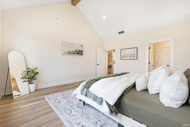 17882 Pavia Pass, Huntertown, IN 46748 - bedroom featuring high vaulted ceiling, light wood finished floors, beamed ceiling, and recessed lighting