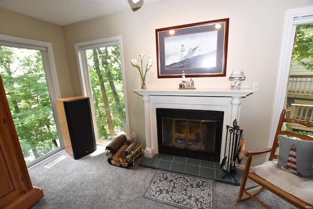 9841 S Harbour Pointe Dr, Bloomington, IN 47401 - carpeted living area with a tiled fireplace and plenty of natural light