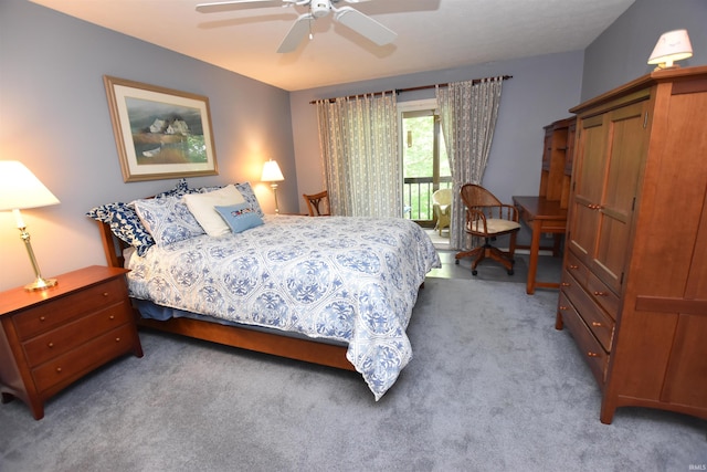 9841 S Harbour Pointe Dr, Bloomington, IN 47401 - bedroom with light carpet, access to exterior, and a ceiling fan