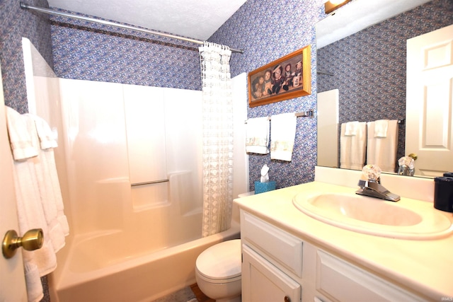 9841 S Harbour Pointe Dr, Bloomington, IN 47401 - full bathroom with wallpapered walls, shower / bath combination with curtain, and vanity