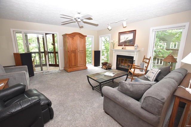 9841 S Harbour Pointe Dr, Bloomington, IN 47401 - living room with carpet flooring, a fireplace with flush hearth, a textured ceiling, a ceiling fan, and track lighting