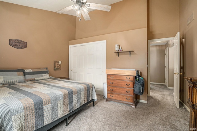 23200 S Oakleaf Dr, Elkhart, IN 46514 - bedroom with a towering ceiling, light carpet, and ceiling fan
