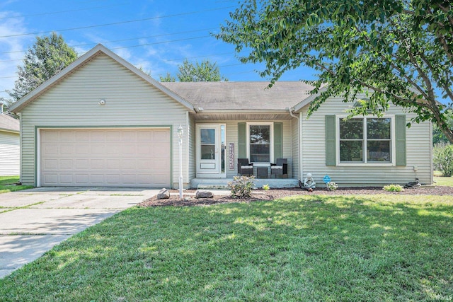 23200 S Oakleaf Dr, Elkhart, IN 46514 - single story home featuring a porch, a garage, concrete driveway, a front lawn, and a shingled roof