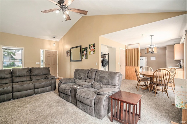 23200 S Oakleaf Dr, Elkhart, IN 46514 - carpeted living room featuring a ceiling fan and high vaulted ceiling