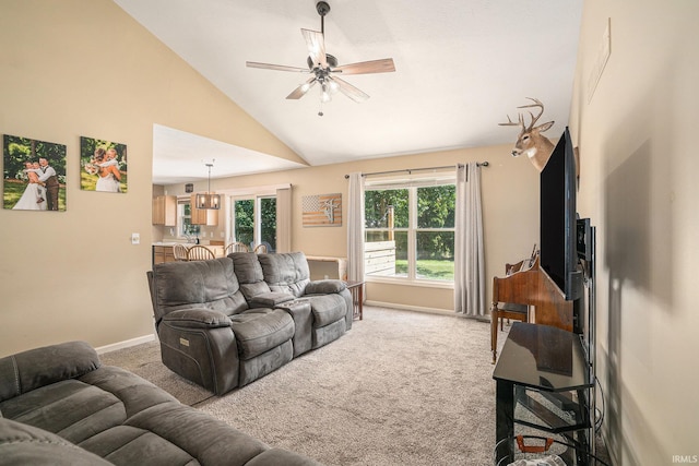 23200 S Oakleaf Dr, Elkhart, IN 46514 - carpeted living room with a ceiling fan and high vaulted ceiling
