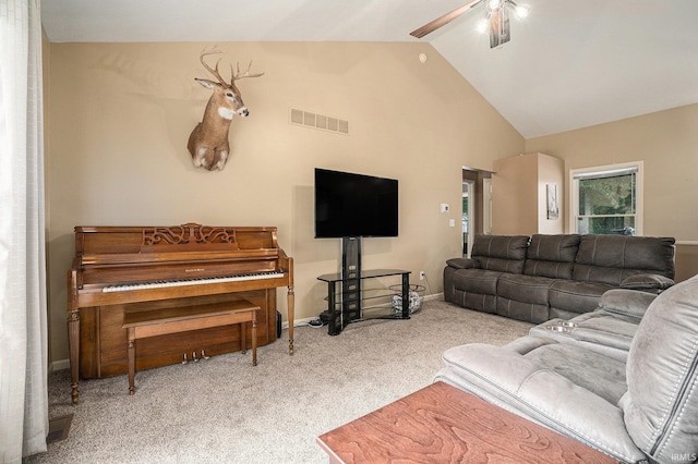 23200 S Oakleaf Dr, Elkhart, IN 46514 - living area with carpet flooring, ceiling fan, and high vaulted ceiling