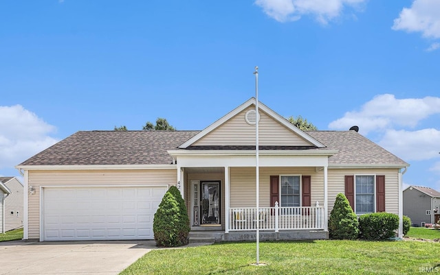 4211 Anchor Dr, Mishawaka, IN 46544 - view of front of house featuring covered porch, a front yard, a garage, driveway, and a shingled roof