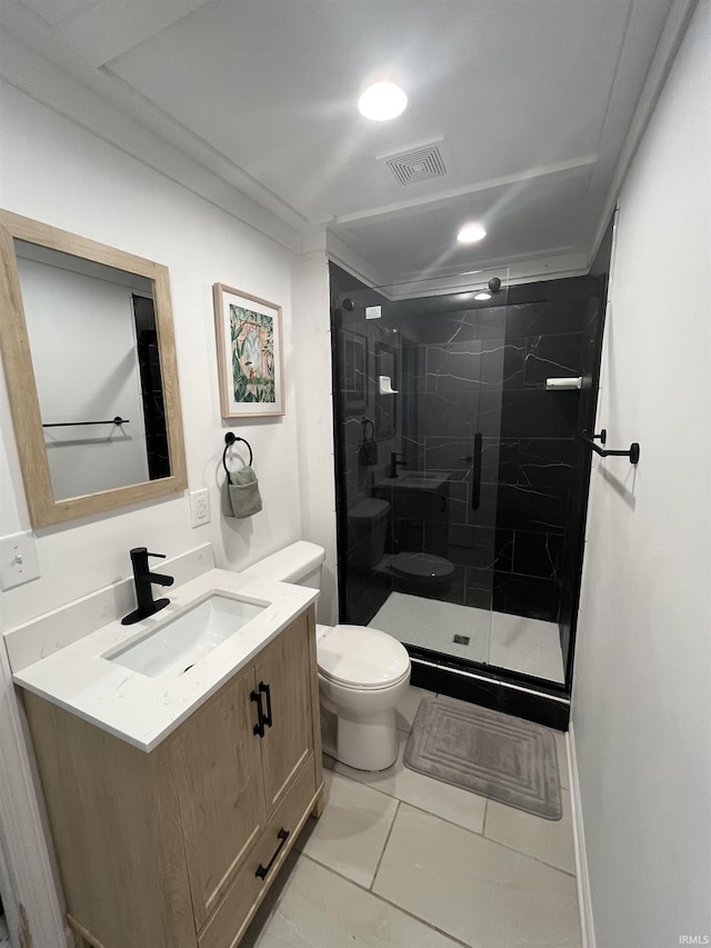 732 Conner Dr, Mishawaka, IN 46544 - bathroom featuring vanity, a shower stall, crown molding, and tile patterned flooring