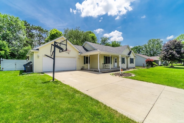 114 Whispering Ln, South Whitley, IN 46787 - ranch-style home featuring a porch, a garage, concrete driveway, a gate, and roof with shingles